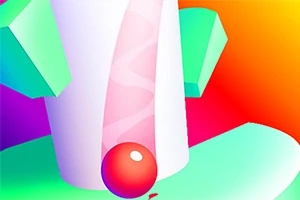 Színes, absztrakt kép egy piros golyóval és geometrikus formákkal szivárványos háttér előtt