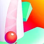 Színes, absztrakt kép egy piros golyóval és geometrikus formákkal szivárványos háttér előtt