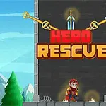 Egy páncélozott hős áll egy torony előtt, amelyen Hero Rescue felirat szerepel, körülötte hegyi tájjal és kék éggel