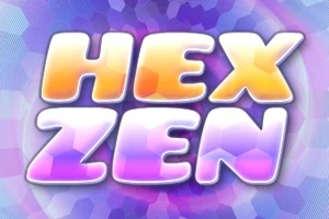 Színes, fényes betűkkel írt HEX ZEN szöveg egy lila és kék hatszögletű háttér előtt