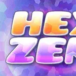 Színes, fényes betűkkel írt HEX ZEN szöveg egy lila és kék hatszögletű háttér előtt