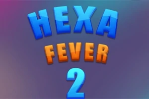 Kék és narancssárga 3D-s betűkkel írt Hexa Fever 2 szöveg sötét háttér előtt