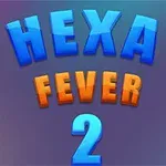 Kék és narancssárga 3D-s betűkkel írt Hexa Fever 2 szöveg sötét háttér előtt