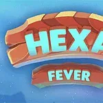 A kép közepén a HEXA FEVER szöveg látható egy stilizált, kék és narancssárga háttér előtt