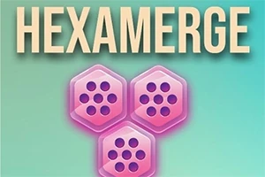 A képen három egymás mellett elhelyezkedő, rózsaszín hatszög alakú tárgy látható, amelyek közepén pöttyök vannak, a tetején pedig nagy betűkkel a HEXAMERGE felirat szerepel