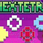 Retro stílusú, pixel art formák és egy kéz ikon egy élénk lila háttér előtt