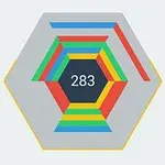 Hatszögletű alakzat szürke háttérrel, közepén a 283 szám, körülötte sávok különböző élénk színekben, mint kék, zöld, piros és sárga