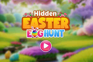 Színes, húsvéti témájú táj, középen Hidden Easter Egg Hunt felirattal és egy rózsaszín lejátszás gombbal