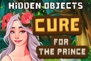 Fiatal nő hosszú fehér hajjal és rózsákkal a hajában erdős háttér előtt, mellette angol szöveg: Hidden Objects Cure for the Prince