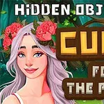 Fiatal nő hosszú fehér hajjal és rózsákkal a hajában erdős háttér előtt, mellette angol szöveg: Hidden Objects Cure for the Prince