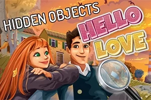 Egy piros hajú nő és egy barna hajú férfi mosolyog egymásra egy színes, városi háttér előtt, nagyítólencsével és Hidden Objects Hello Love szöveggel