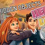 Egy piros hajú nő és egy barna hajú férfi mosolyog egymásra egy színes, városi háttér előtt, nagyítólencsével és Hidden Objects Hello Love szöveggel