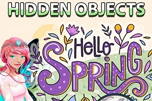 Színes illusztráció virágokkal és Hello Spring felirattal, bal oldalon pedig egy rózsaszín hajú karakter látható