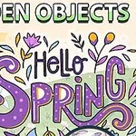 Színes illusztráció virágokkal és Hello Spring felirattal, bal oldalon pedig egy rózsaszín hajú karakter látható