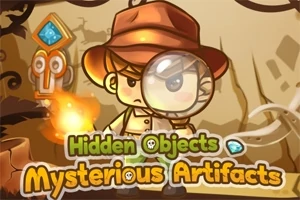 Rajzolt figura nagyítóval egy kalapos kalandor ruhaneműben, körülötte „Hidden Objects: Mysterious Artifacts” felirattal