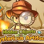 Rajzolt figura nagyítóval egy kalapos kalandor ruhaneműben, körülötte „Hidden Objects: Mysterious Artifacts” felirattal