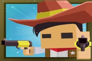 Kockás stílusú kép egy kalapos és pisztolyt tartó cowboyról kék háttér előtt