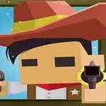 Kockás stílusú kép egy kalapos és pisztolyt tartó cowboyról kék háttér előtt