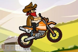 Képregény stílusú motoros cowboy, aki narancssárga motoron ugrik a vidéki táj felett