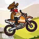 Képregény stílusú motoros cowboy, aki narancssárga motoron ugrik a vidéki táj felett