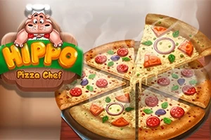 Egy szeletelt pizza különböző feltétekkel és egy szakácsruhás víziló grafikával