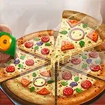 Egy szeletelt pizza különböző feltétekkel és egy szakácsruhás víziló grafikával