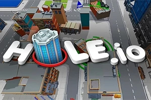 Hole.io Városi utcakép 3D épületekkel, előtérben nagy betűkkel írva: HOLE