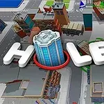 Hole.io Városi utcakép 3D épületekkel, előtérben nagy betűkkel írva: HOLE
