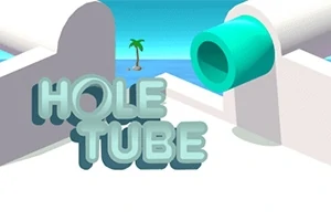 3D „HOLE TUBE” felirat lebeg a fehér platform felett, háttérben türkizkék csővel és távoli szigeten egy pálmafával