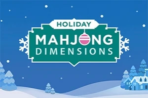 Kék háttér előtt Holiday Mahjong Dimensions felirat, amelyet hópelyhek és havas tájat ábrázoló illusztrációk vesznek körül