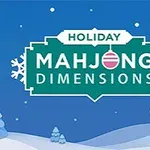 Kék háttér előtt Holiday Mahjong Dimensions felirat, amelyet hópelyhek és havas tájat ábrázoló illusztrációk vesznek körül