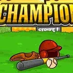 Baseball sapka, kesztyű, ütő és labda fekszik a zöld gyepen, a háttérben lelátók és a CHAMPION felirat látható