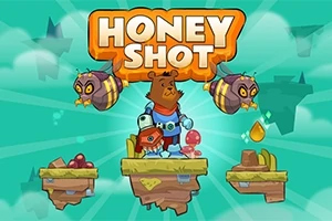 Honey Shot Rajzfilmfigurák egy platformon: egy medve űrruhában, méhek és lebegő szigetek háttérben, felül nagy HONEY SHOT felirattal