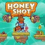Honey Shot Rajzfilmfigurák egy platformon: egy medve űrruhában, méhek és lebegő szigetek háttérben, felül nagy HONEY SHOT felirattal
