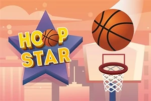 Narancssárga-kék háttér előtt egy kosárlabda a gyűrű felé repül, mellette egy lila csillag alakú elem “Hoop Star” felirattal
