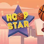 Narancssárga-kék háttér előtt egy kosárlabda a gyűrű felé repül, mellette egy lila csillag alakú elem “Hoop Star” felirattal