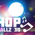 Világító gömb és zenei jegyek egy színes, éjszakai háttér előtt, a HOP BALLZ 3D felirattal