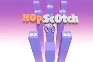 Lila tónusú kép négyzetes oszlopokkal, melyeken számok vannak, középen HoPScOtch felirattal és rajzolt lábnyomokkal