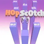 Lila tónusú kép négyzetes oszlopokkal, melyeken számok vannak, középen HoPScOtch felirattal és rajzolt lábnyomokkal