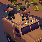 Fegyveres alakok állnak egy teherautó tetején, miközben közeledő zombik veszik őket körül