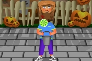 Egy rajzolt gyerek áll Halloween témájú utcán, töklámpásokkal és kerítéssel a háttérben, miközben cukorkával teli vödröt tart