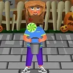 Egy rajzolt gyerek áll Halloween témájú utcán, töklámpásokkal és kerítéssel a háttérben, miközben cukorkával teli vödröt tart