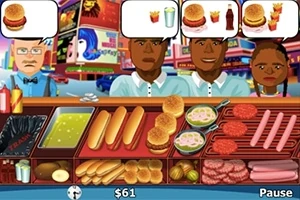 Gyorséttermi pult, ahol különféle ételek, mint hot dog, hamburgerek és sült krumpli találhatók, miközben három várakozó vendég rendelések buborékokban jelenítik meg kívánságaikat