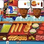 Gyorséttermi pult, ahol különféle ételek, mint hot dog, hamburgerek és sült krumpli találhatók, miközben három várakozó vendég rendelések buborékokban jelenítik meg kívánságaikat