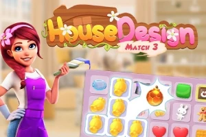 Rajzolt női karakter lilában, festőhengerrel a kezében, mellette a House Design Match 3 felirat és egy színes puzzle tábla