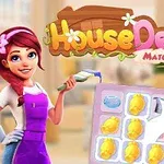 Rajzolt női karakter lilában, festőhengerrel a kezében, mellette a House Design Match 3 felirat és egy színes puzzle tábla