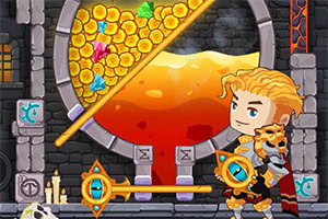 Szőke hajú karakter egy páncélban, aki kincsekkel és lávával teli szobában áll, gyertyák mellett