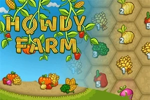Howdy Farm színes rajzolt grafikája, amely különféle zöldségeket és gyümölcsöket ábrázol hatszögletű mezőkkel, és kukoricából kirakott betűkkel írt címet tartalmaz