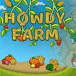Howdy Farm színes rajzolt grafikája, amely különféle zöldségeket és gyümölcsöket ábrázol hatszögletű mezőkkel, és kukoricából kirakott betűkkel írt címet tartalmaz