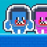 Két pixeles, mosolygós karakter kék és rózsaszín ruhában, sisakot viselve, egymás mellett állva egy kék háttér előtt